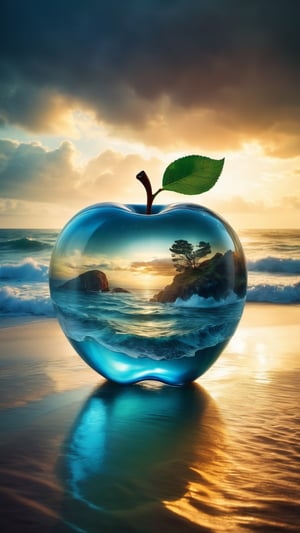 lovely double exposure image by blending together a stormy sea and a glass apple. The sea should serve as the underlying backdrop, with its details subtly incorporated into the glossy glass apple, sharp focus, double exposure, glossy glass apple, (translucent glass figure of an apple) (sea inside) lifeless, dead, glass apple, earthy colors, decadence, intricate design, hyper realistic, high definition, extremely detailed, dark softbox image, raytracing, cinematic, HDR, photorealistic (double exposure:1.1)