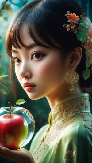 lovely double exposure image by blending together a asain girl and a glass apple. The asain girl should serve as the underlying backdrop, with its details subtly incorporated into the glossy glass apple, sharp focus, double exposure, glossy glass apple, (translucent glass figure of an apple) (girl inside) lifeless, dead, glass apple, earthy colors, decadence, intricate design, hyper realistic, high definition, extremely detailed, dark softbox image, raytracing, cinematic, HDR, photorealistic (double exposure:1.1)