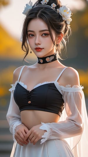 1girl,white color, sharp focus, highly detailed, rich colors, vibrant colors, trending on Flickr, 4k,xxmix girl, perfect face with details, crop top, (cleavage:0), detached_sleeve, transparent corsets, flowers head dressing, seductive smile, hair tied in a bun, grey hair, hairpin, lips, close up, top half view