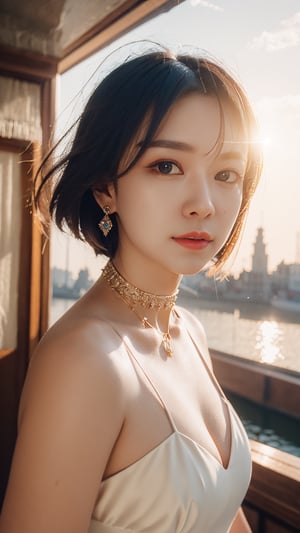 masterpiece, amazing, best quality,cg 4k wallpaper,beautiful detailed eyes,Expressionless,Glowing eyes,Ruby Earrings,Ruby necklace,choker,{{queen}},A splendid palace,{1 girl},solo,{Blonde short hair with gradual change},lens flare,{{light rays}},{{sunbeam}},{{sidelighting,sunlight}},solo focus,Raytracing,Delicate details, boat neck dress, White wings, close up