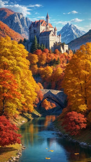 masterpiece, best quality, official_art, aesthetic and beautiful, potrait of an old castle on the river_side, mountain, valley, autumn_leaves, fall_season, no_humans