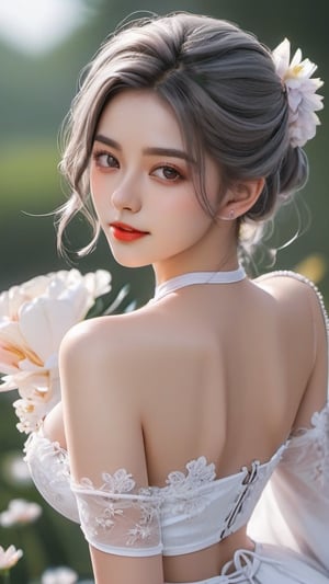 1girl,white color, sharp focus, highly detailed, rich colors, vibrant colors, trending on Flickr, 4k,xxmix girl, perfect face with details, crop top, (cleavage:0.2), detached_sleeve, transparent corsets, flowers head dressing, seductive smile, hair tied in a bun, grey hair, hairpin, lips, close up, top half view