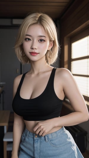 1European girl 25 years old, solo, dynamic pose, light-blonde hair, smile, messy medium hair, hair over one eye, normal breast, earrings, black eyes, healthy skin, high detailed skin, skin pores, (tank top), short skirt, (UHD, photorealistic:1.4, raw photo:1.2, hdr), best quality, masterpiece, crystal clear, sharp focus, studio lighting, photon mapping, professional color grading, random background