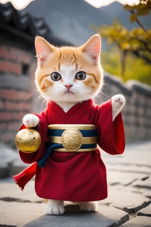 blurry great wall background, a kitty, wearing a hanfu, long red scarf, tiny golden bell, standing, playing kongfu