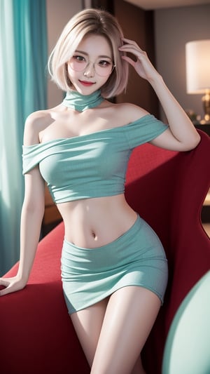 photorealistic, masterpiece, best quality, raw photo, 1girl, short hair, cute smile, silver hair, warm, high-definition, (ultra-detailed: 1.2), pastel colors,sexy girl, boobs, 4k, highres, off shoulder, high neck dress, mini_skirt, narrow waist, flat belly, sexy thighs, background living room, seducing, seductive, seductive_pose, exotic pose, bob_cut, wearing glasses