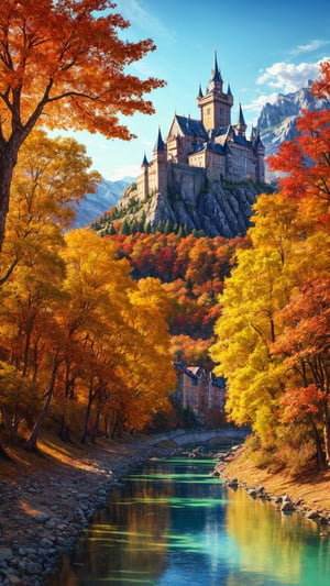 masterpiece, best quality, official_art, aesthetic and beautiful, potrait of an old castle on the river_side, mountain, valley, autumn_leaves, fall_season, no_humans