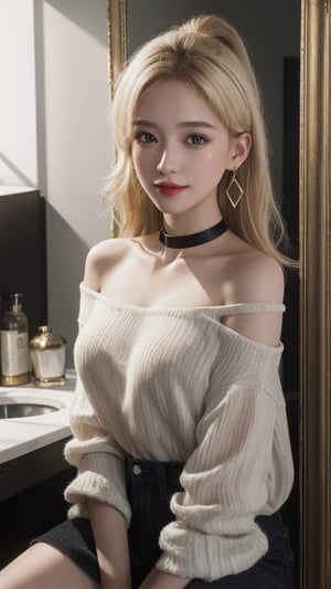 1European girl 25 years old, solo, on knees, selfie in front of a mirror, reflection from the mirror, light-blonde hair, smile, messy medium hair, hair over one eye, breast, earrings, chocker, black eyes, healthy skin, high detailed skin, skin pores, off shoulder, upshirt, flat belly, (UHD, photorealistic:1.4, raw photo:1.2, hdr), best quality, masterpiece, crystal clear, sharp focus, studio lighting, photon mapping, professional color grading