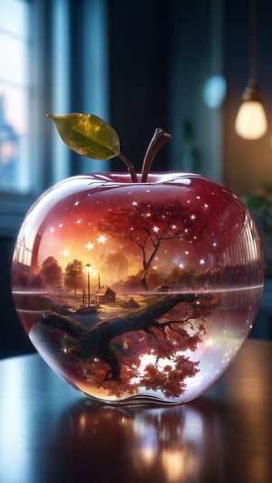 lovely double exposure image by blending together stars  and a glass apple. The scattered stars should serve as the underlying backdrop, with its details subtly incorporated into the glossy glass apple, sharp focus, double exposure, glossy glass apple, (translucent glass figure of an apple) (stars inside) lifeless, dead, glass apple, earthy colors, decadence, intricate design, hyper realistic, high definition, extremely detailed, dark softbox image, raytracing, cinematic, HDR, photorealistic (double exposure:1.1)