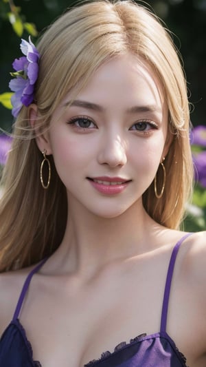 1European girl 25 years old, solo, dynamic pose, light-blonde hair, deductive smile, sexy smile, messy medium hair, hair over one eye, normal breast, earrings, black eyes, healthy skin, high detailed skin, skin pores, flowers head dressing, purple flowers, (UHD, photorealistic:1.4, raw photo:1.2, hdr), best quality, masterpiece, crystal clear, sharp focus, studio lighting, photon mapping, professional color grading, random background at garden, facing viewer, close up