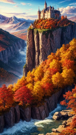 masterpiece, best quality, official_art, aesthetic and beautiful, potrait of an old castle on the cliff rocks, mountain, valley, autumn_leaves, fall_season, no_humans