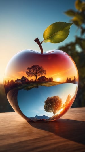 lovely double exposure image by blending together a sunrises and a glass apple. The sky should serve as the underlying backdrop, with its details subtly incorporated into the glossy glass apple, sharp focus, double exposure, glossy glass apple, (translucent glass figure of an apple) (sky inside) lifeless, dead, glass apple, earthy colors, decadence, intricate design, hyper realistic, high definition, extremely detailed, dark softbox image, raytracing, cinematic, HDR, photorealistic (double exposure:1.1)