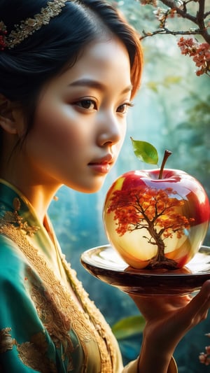 lovely double exposure image by blending together a asain girl and a glass apple. The asain girl should serve as the underlying backdrop, with its details subtly incorporated into the glossy glass apple, sharp focus, double exposure, glossy glass apple, (translucent glass figure of an apple) (girl inside) lifeless, dead, glass apple, earthy colors, decadence, intricate design, hyper realistic, high definition, extremely detailed, dark softbox image, raytracing, cinematic, HDR, photorealistic (double exposure:1.1)