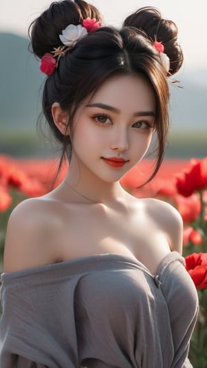 1girl,Asian, sharp focus, highly detailed, trending on Flickr, 4k,xxmix girl, perfect face with details, huge breasts, lips, transparent bandeau, see-through. 
bikini, see-through.
flowers head dressing, seductive smile, hair tied in a bun, grey hair, hairpin, close up, full body view