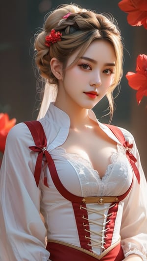 1girl,white color, sharp focus, highly detailed, rich colors, vibrant colors, trending on Flickr, 4k,xxmix girl, perfect face with details, crop top, (cleavage:0), detached_sleeve, transparent corsets, flowers head dressing, seductive smile, hair tied in a bun, blonde hair, hairpin, lips, close up, top half view