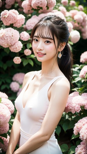 masterpiece, light tracking, gradual blend, highest quality, raw photo, ultra realistic,
Chinese girl, pure face, 20 yo, sexy smile, deductive smile, (cleavage:0.9), bokeh, thin shirt with laces, sleeveless, earrings, long ponytail, hair over shoulders, uncovered shoulders, sexy shoulders, posing, flowers head dressing, white flowers, pink flowers, flowers head ring, facing viewer, front view, close up, breasts, pink lips, slightly open mouth, garden background with giant flowers