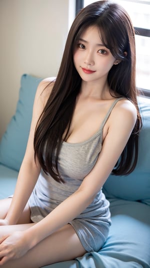 masterpiece, best quality, photorealistic, raw photo, vibrant colors, 1girl, long messy hair, hair over one eye, breast, collared_shirt, sleeveless,sleeveless, perfect flat belly, long skirt, shy smile, lips, narrow waist, sitting in bed, ((leg_spread:0.4)), sexy thighs, slightly chubby, ultra realistic skin, detailed skin, pore, depth of field, low key, top down angle, close up