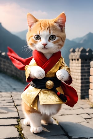 blurry great wall background, a kitty, wearing a hanfu, golden belt, long red scarf, scarf floating by breeze, standing, playing kongfu