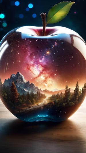 lovely double exposure image by blending together the Galaxy and a glass apple. The Galaxy and stars should serve as the underlying backdrop, with its details subtly incorporated into the glossy glass apple, sharp focus, double exposure, glossy glass apple, (translucent glass figure of an apple) (Galaxy inside) lifeless, dead, glass apple, earthy colors, decadence, intricate design, hyper realistic, high definition, extremely detailed, dark softbox image, raytracing, cinematic, HDR, photorealistic (double exposure:1.1)