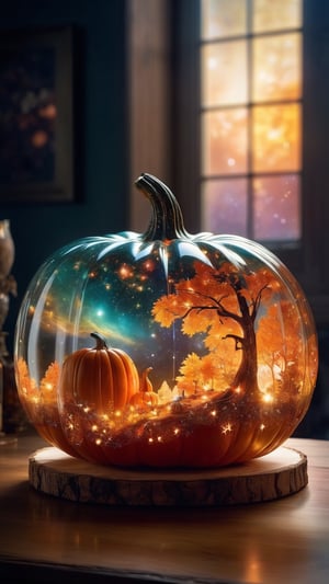 lovely double exposure image by blending together the Galaxy and a glass pumpkin. The Galaxy and stars should serve as the underlying backdrop, with its details subtly incorporated into the glossy glass pumpkin, sharp focus, double exposure, glossy glass pumpkin, (translucent glass figure of an pumpkin) (Galaxy inside) lifeless, dead, glass apple, earthy colors, decadence, intricate design, hyper realistic, high definition, extremely detailed, dark softbox image, raytracing, cinematic, HDR, photorealistic (double exposure:1.1)