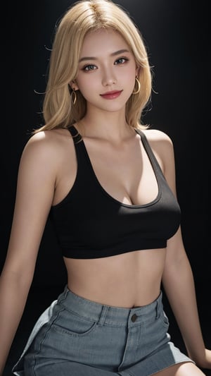 1European girl 25 years old, solo, dynamic pose, light-blonde hair, smile, messy medium hair, hair over one eye, normal breast, earrings, black eyes, healthy skin, high detailed skin, skin pores, (tank top), short skirt, (UHD, photorealistic:1.4, raw photo:1.2, hdr), best quality, masterpiece, crystal clear, sharp focus, studio lighting, photon mapping, professional color grading, random background