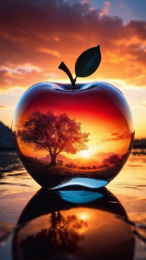 lovely double exposure image by blending together a sunset and a glass apple. The sky should serve as the underlying backdrop, with its details subtly incorporated into the glossy glass apple, sharp focus, double exposure, glossy glass apple, (translucent glass figure of an apple) (sky inside) lifeless, dead, glass apple, earthy colors, decadence, intricate design, hyper realistic, high definition, extremely detailed, dark softbox image, raytracing, cinematic, HDR, photorealistic (double exposure:1.1)