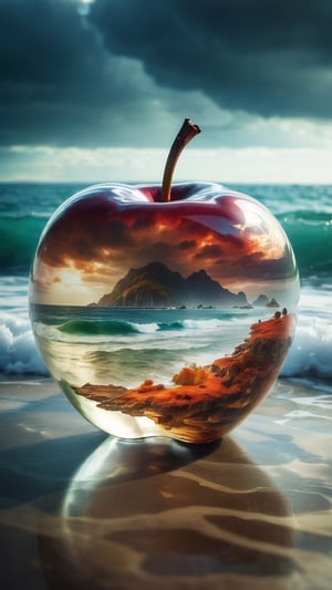 lovely double exposure image by blending together a stormy sea and a glass apple. The sea should serve as the underlying backdrop, with its details subtly incorporated into the glossy glass apple, sharp focus, double exposure, glossy glass apple, (translucent glass figure of an apple) (sea inside) lifeless, dead, glass apple, earthy colors, decadence, intricate design, hyper realistic, high definition, extremely detailed, dark softbox image, raytracing, cinematic, HDR, photorealistic (double exposure:1.1)