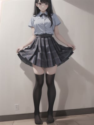 1girl, solo, long hair, skirt, shirt, black hair, thighhighs, standing, full body, short sleeves, pleated skirt, black thighhighs, indoors, plaid, plaid skirt, no shoes, realistic, skirt hold, over-kneehighs