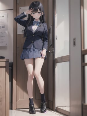 1girl, solo, long hair, skirt, shirt, black hair, long sleeves, standing, jacket, full body, white shirt, pussy, indoors, hand up, blue skirt, legs, no panties, blazer, blue jacket