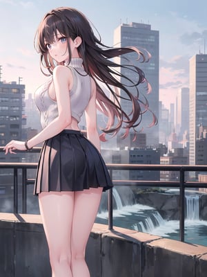 A young woman with long, dark hair and bangs stands confidently, her legs slightly apart. She wears a sleeveless sweater over a turtleneck, paired with a pleated skirt that falls just above her knees. Her black locks cascade down her back like a waterfall, framing her heart-shaped face. The realistic depiction captures the subtleties of her features, from the gentle curve of her lips to the determined glint in her eye. In the background, the subtle outline of YAMATO's cityscape hints at the urban landscape she inhabits.