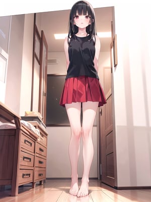 1girl, solo, long hair, bangs, skirt, shirt, black hair, standing, full body, barefoot, sleeveless, indoors, blunt bangs, red skirt, arms behind back, realistic