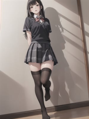 1girl, solo, long hair, bangs, skirt, shirt, black hair, thighhighs, school uniform, standing, full body, short sleeves, pleated skirt, parted lips, black thighhighs, indoors, plaid, plaid skirt, no shoes, arms behind back, standing on one leg, realistic, over-kneehighs