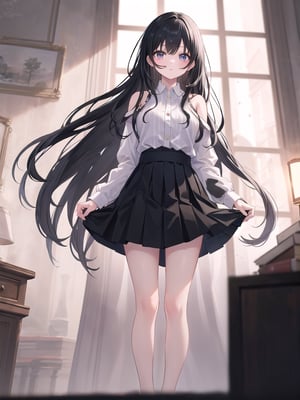 A young woman stands confidently, her long black hair cascading down  as she gazes directly at the viewer. Her bangs frame her face, and her dark locks cascade over her shoulders. She wears a striped shirt with long sleeves, cinched at the waist by a black skirt that lifts slightly to reveal a glimpse of her legs. The indoor setting is dimly lit, with subtle shadows highlighting the folds of her clothing as she stands poised in the spotlight.