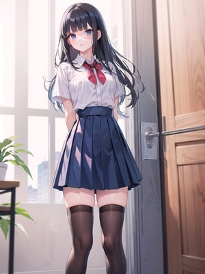 1girl, solo, long hair, bangs, skirt, shirt, black hair, thighhighs, standing, short sleeves, pleated skirt, black thighhighs, indoors, blunt bangs, blue skirt, arms behind back, realistic, over-kneehighs