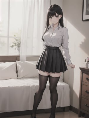1girl, solo, long hair, looking at viewer, bangs, skirt, shirt, black hair, thighhighs, long sleeves, closed mouth, standing, full body, white shirt, pleated skirt, collared shirt, black thighhighs, indoors, blunt bangs, zettai ryouiki, see-through, plaid, dress shirt, plaid skirt, realistic, arms at sides