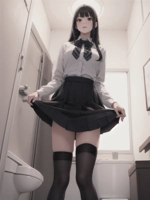 1girl, solo, long hair, bangs, skirt, shirt, black hair, thighhighs, long sleeves, standing, black thighhighs, indoors, clothes lift, skirt lift, from below, realistic, skirt hold, over-kneehighs, toilet