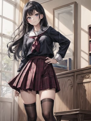 A striking scene: a young girl stands confidently indoors, gazing directly at the viewer. Her long, raven-black hair cascades down her sholders, framing her face and complementing the pleated, plaid skirt that falls just above her knees. A black shirt with long sleeves covers her torso, and thigh-high socks add a pop of contrast to her school uniform. Her bangs are styled neatly across her forehead, and her closed mouth hints at a subtle smile. The camera focuses on her face, with her feet out of frame, drawing attention to her confident stance.