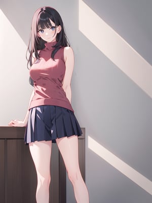 A young woman with long, dark hair and bangs stands confidently, her pleated skirt flowing down to her ankles. She wears a sleeveless sweater over a fitted turtleneck, the fabric stretching across her chest. Her arms are relaxed, resting behind her back as she strikes a pose. The realistic rendering captures every detail of her features and attire, from the softness of her hair to the folds of her skirt.