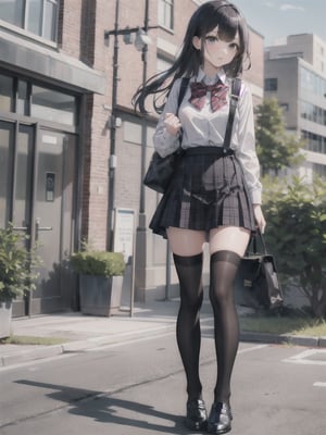 1girl, solo, long hair, skirt, shirt, black hair, thighhighs, long sleeves, school uniform, standing, full body, white shirt, pleated skirt, outdoors, shoes, day, black thighhighs, bag, black footwear, tree, zettai ryouiki, plaid, plaid skirt, plant, loafers, building, walking, school bag, purple skirt, 