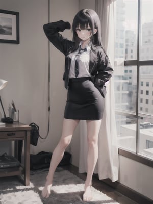 1girl, solo, long hair, looking at viewer, bangs, skirt, shirt, black hair, long sleeves, standing, jacket, full body, white shirt, barefoot, collared shirt, indoors, black skirt, bare legs, pencil skirt, arm behind back, arm behind head, realistic