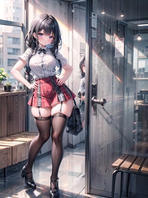 A sultry solo subject stands confidently indoors, framed by a plain door. Long, luscious black hair cascades down, with blunt bangs framing her face. A miniskirt showcases toned legs, paired with striped thigh-highs that extend far above the knee. A fitted shirt with short sleeves accentuates her curvaceous figure. Shoes and striped socks complete the outfit. Hand on hip, she exudes confidence, black hair flowing like a waterfall down her back.