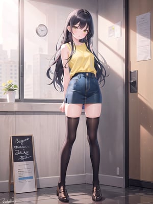 1girl, solo, long hair, looking at viewer, bangs, skirt, shirt, black hair, thighhighs, standing, full body, sleeveless, black thighhighs, indoors, signature, zettai ryouiki, arms behind back, denim, pencil skirt, yellow shirt, realistic, over-kneehighs