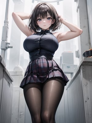 a young Asian woman stands in front of a white wall. She is dressed in a black blouse, a blue plaid skirt, and a pair of black tights. Her hair is styled in a bob. Her arms are raised above her head, adding a touch of balance to her body. The backdrop is a stark white, creating a stark contrast to her outfit.