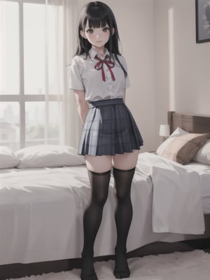 1girl, solo, long hair, bangs, skirt, shirt, black hair, thighhighs, ribbon, standing, full body, pleated skirt, collared shirt, black thighhighs, indoors, blunt bangs, blue skirt, zettai ryouiki, plaid, cosplay, bed, plaid skirt, no shoes, arms behind back, realistic, over-kneehighs