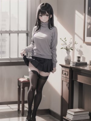 1girl, solo, long hair, looking at viewer, bangs, skirt, black hair, thighhighs, long sleeves, standing, full body, black thighhighs, indoors, clothes lift, sweater, zettai ryouiki, book, turtleneck, skirt lift, realistic, skirt hold, book stack