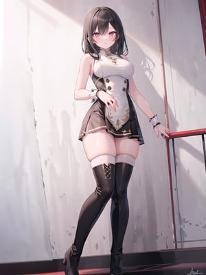 A sultry solo shot of a girl with long, black hair and bangs. She stands confidently indoors, wearing a sleeveless brown skirt that falls just above her knees, paired with thigh-high boots that add to her seductive aura. Her signature zettai ryouiki style is complete with an edgy dress that showcases her bust. The camera captures her full body, framing the shot to emphasize her curves and the drama of her outfit.