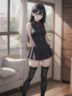1girl, solo, long hair, skirt, black hair, thighhighs, standing, sleeveless, black thighhighs, indoors, zettai ryouiki, arms behind back, realistic