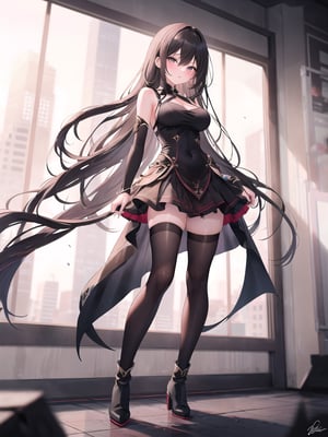 A sultry solo shot of a girl with long, black hair and bangs. She stands confidently indoors, wearing a sleeveless brown skirt that falls just above her knees, paired with thigh-high boots that add to her seductive aura. Her signature zettai ryouiki style is complete with an edgy dress that showcases her bust. The camera captures her full body, framing the shot to emphasize her curves and the drama of her outfit.