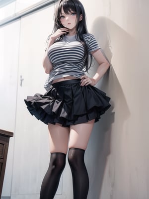 a young Asian woman stands to the camera. She is wearing a black and white striped t-shirt, a black skirt, and black stockings with black laces. Her long dark hair is cascading down her sholders, framing her face. She has a serious expression on her face, and her left hand is resting on her hip. The backdrop is a stark white wall, and a white pipe is visible in the top left corner of the frame.