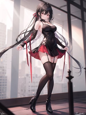 A sultry solo shot of a girl with long, black hair and bangs. She stands confidently indoors, wearing a sleeveless brown skirt that falls just above her knees, paired with thigh-high boots that add to her seductive aura. Her signature zettai ryouiki style is complete with an edgy dress that showcases her bust. The camera captures her full body, framing the shot to emphasize her curves and the drama of her outfit.