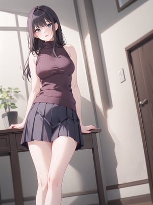 A young woman with long, dark hair and bangs stands confidently, her pleated skirt flowing down to her ankles. She wears a sleeveless sweater over a fitted turtleneck, the fabric stretching across her chest. Her arms are relaxed, resting behind her back as she strikes a pose. The realistic rendering captures every detail of her features and attire, from the softness of her hair to the folds of her skirt.